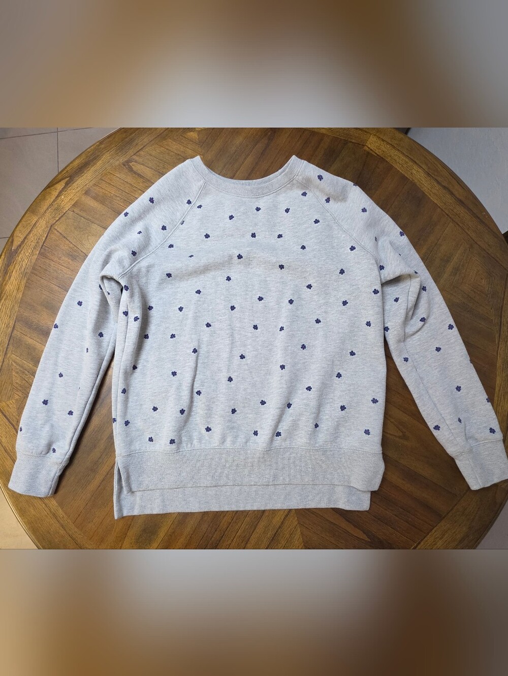 dip Heather Gray Crewneck Sweater with Navy Flower Dot Print